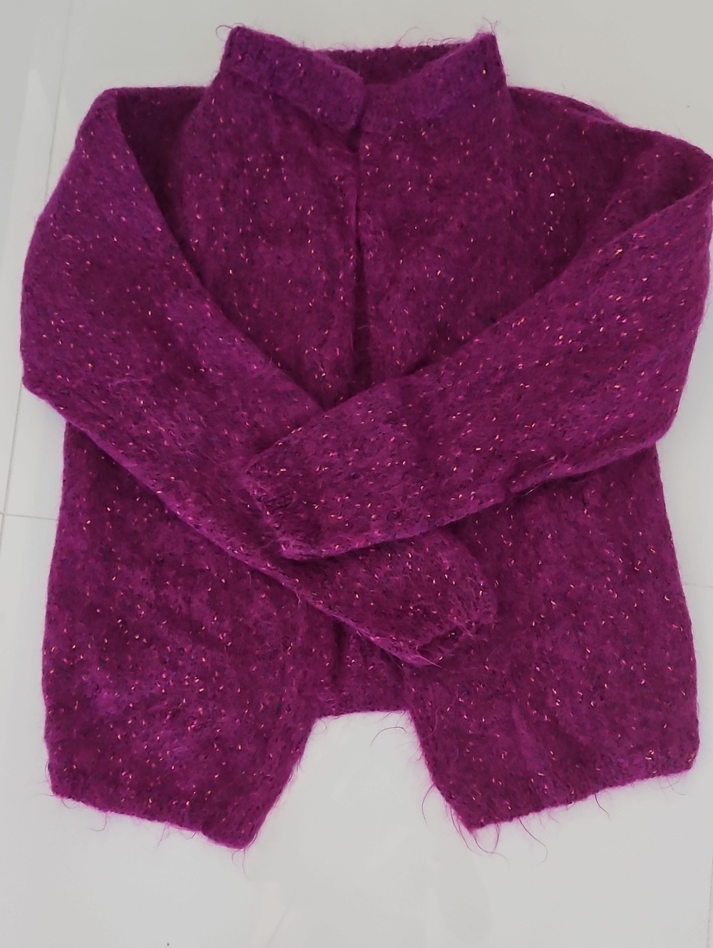 Hand Knit Fuchsia Mohair Women’s Sweater Wiyh Colorful Speckles